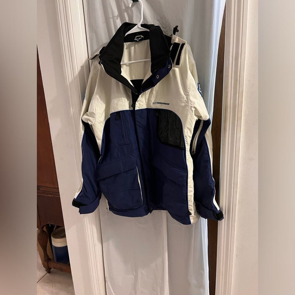 Fox racing full zip white navy hooded racing jacket size lg